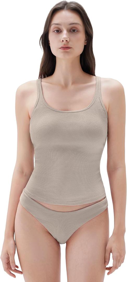 SUUKSESS Women Padded Cotton Ribbed Long Tank Tops 2025 Summer Going Out Basic Scoop Neck Cami Tops (Large, Khaki)