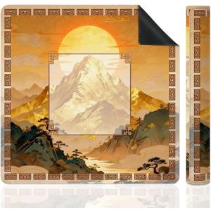 Gold Chinoiserie Mahjong Mat for Table, Chinese Nature Sunset Mountain Landscape 31.5" x 31.5" Non-Slip & Noise Reduction Mahjong Mat for Poker Dominoes Cards & Board Games