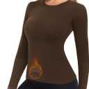 Thermal Underwear Tops for Women Long Sleeve Crewneck Shirts - Fleece Lined Soft Stretch Fitted Baselayer for Winter (Brown)