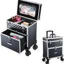 Adazzo Professional Rolling Makeup Case with Drawer for Makeup Artists Cosmetic Train Case Large Storage Case for Nail Technicians Cosmetology Case with Detachable Bag for Hairstylist Black