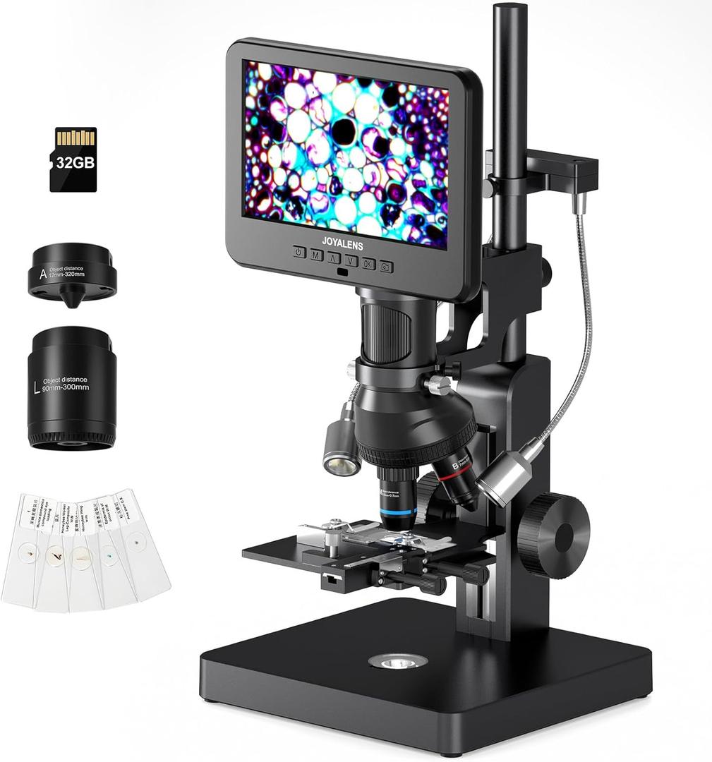JL266S 5 Lens HDMI Digital Microscope 5000X, 24MP Biological Microscope for Adults Kids Home Lab, Coin Microscopes Full View with 7'' Screen, Windows PC Compatible, 32GB Card