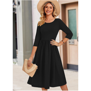 Zeagoo 3/4 Sleeve Women's Dress Casual Flowy A-Line Midi Tshirt Dresses with Pockets Crewneck Vocation Boho Beach Sundress, Small