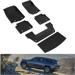 KIWI MASTER Floor Mats & Cargo Liner for 2021-2025 Jeep Grand Cherokee L OEM Replacement 82216640AA 82216646AA All Weather Custom Fit Trunk Mat Front Rear 3-Row Tray Liners Black