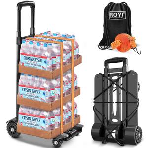 ROYI Folding Hand Truck,290lbs Heavy Duty Luggage Cart with Elastic Bungee Rope,4 Wheels Solid Construction Fold Up Dolly Compact Lightweight Utility Cart for Luggage Travel Shopping Moving Office Use