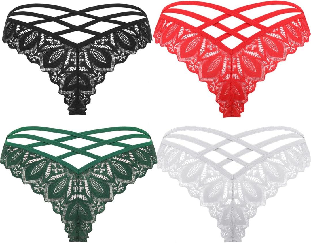 Avidlove Womens Underwear Lace Cheeky Panties Criss Cross Back Bikini Thongs Sexy Undies (Small, Black/Red/White/Dark Green)