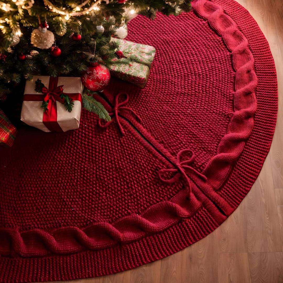 Red Christmas Tree Skirt, 36 Inch Knitted Tree Skirt for 3-6 Ft Christmas Tree Luxury Knitted Thick Rustic Tree Skirt Xmas Decoration, Christmas Tree Skirt Decor for Pencil Christmas Tree