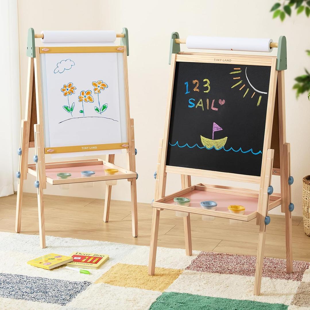 Tiny Land Easel for Kids with 2 Drawing Paper Roll, Adjustable Kids Art Easel, Learning-Toy for 3,4,5,6,7,8 Years Old Boy & Girls, Wooden Chalkboard & Magnetic Whiteboard & Painting Paper Pink