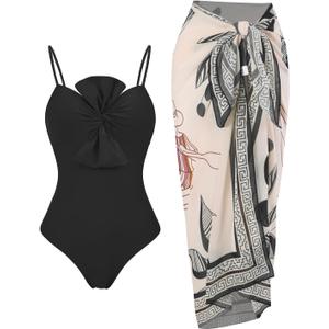 Womens One Piece Swimsuit with Cover Up Sarong Wrap Floral Bathing Suits 1 Piece Swim Suit with Beach Cover Up Set (Small, F Black Knot)