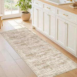2x5 Rug Runner Washable for Entryway, Soft Bathroom Rugs with Non-Slip Backing, Abstract Low Pile Hallway Runner, Vintage Small Kitchen Carpet for Stair, Laundry Room(2'x5', Brown/Ivory)