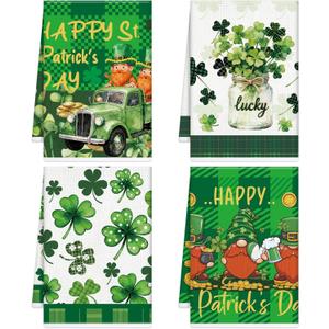 St Patricks Day Kitchen Towels, St. Patrick's Day Dish Towels Set of 4, Green Lucky Shamrock Gnome Hanging Dish Hand Towel for Spring Seasonal Holiday Home Kitchen Decoration Housewarming Gifts