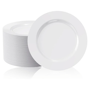 FOCUSLINE 100 Count White Plastic Plates 10 Inch, Disposable Heavy Duty Dinner Plates- Premium Hard Plastic Plate Fancy Disposable White Plate for Weddings, Parties and Events