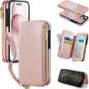 Antsturdy 2 in 1 Detachable for iPhone 15 Wallet case with Magsafe,RFID Blocking Magnetic Wireless Charging PU Leather Phone case Flip Folio Cover Card Holder Wrist Strap Women,Rose Gold