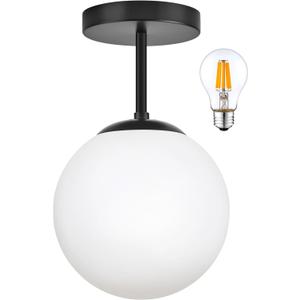 Globe Semi Flush Mount Ceiling Light, Mid Century Modern Light Fixture Ceiling, Milk Glass with Matte Black Finish, Living Room Kitchen Bedroom Hallway Storage Schoolhouse Laundry(LED Bulb Incl.)