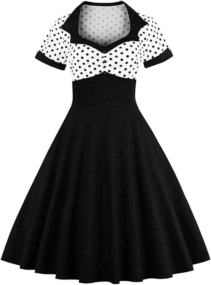 Nihsatin Vintage 1950s Retro Rockabilly Swing Dress Polka Dots Cocktail Dress with Belt (Black, XXXL)