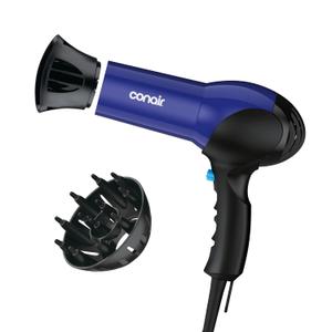 Conair 1875 Watt Fast Dry Hair Dryer, Lightweight Blow Dryer with Diffuser & Concentrator, 2 Heat/Speed Settings, Blue/Black, 146NXL