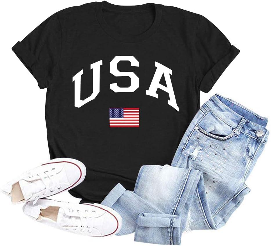 Women Distressed American Flag Graphic Shirt USA Stars Stripes Patriotic Short Sleeve Top (Medium, B-#2 Black)