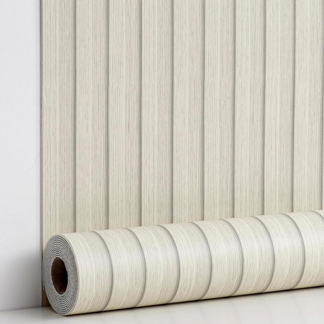 Haimin Wood Grain Slat Wall Panels Peel and Stick Faux Wood Thick Wallpaper 118"x15.75" Waterproof PET & IXPE Foam Paneling (Beige)