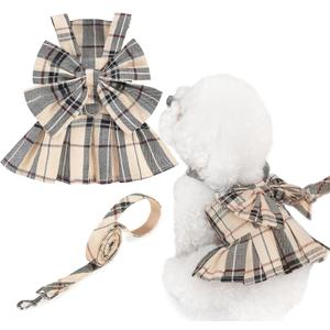 PUPTECK Plaid Dog Dress with Leash - Cute Puppy Harness Clothes for Small Medium Sized Dogs, Outfits for Girl Puppy Wedding Birthday Costume Small