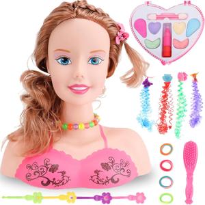 Makeup and Hair Styling Doll Head Toy Kit - Kids Pretend Play Set with Real Washable Cosmetics and Style Accessories for Little Girls
