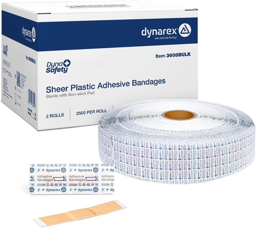 Dynarex Sheer Plastic Adhesive Bandages Water-Resistant and Sterile Non-Stick Pad First Aid Covers Minor Cuts Scratches - 3/8" x 1 1/2" Junior, 1 Roll of 5000