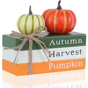 DECSPAS Fall Decorations for Home, Autumn Harvest Wooden Stacked Books Sign with Pumpkins & Bow for Fall Decor, Thanksgiving Tabletop decorations for Tiered Tray, Shelf, Table, Mantle, Fireplace (orange, green, white)