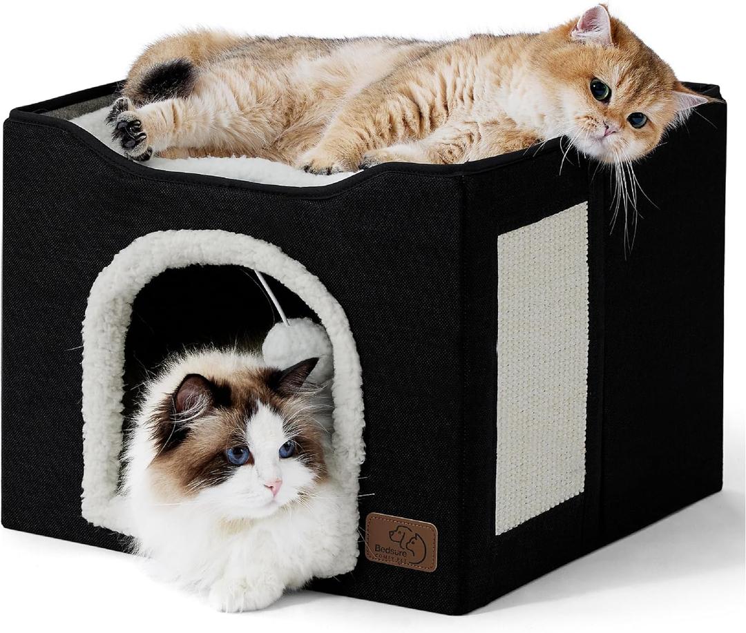 Bedsure Cat Beds for Indoor Cats - Large Cat Cave for Pet Cat House with Fluffy Ball Hanging and Scratch Pad, Foldable Cat Hideaway, 16.5x16.5x13 inches, Black (Single)