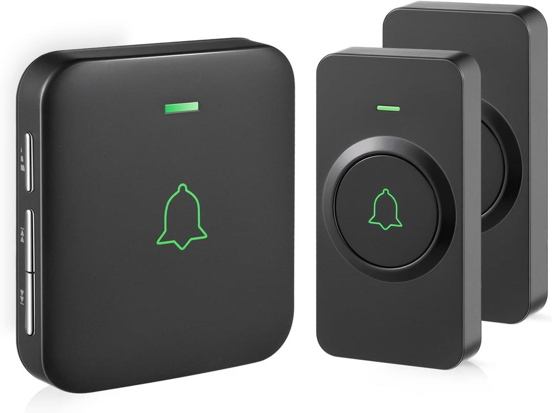 AVANTEK Wireless Door Bell, CB-21 Mini Waterproof Wireless Doorbell Operating at Over 1000 Feet, 2 Remote Buttons Can Have Different Tones, 52 Melodies, CD Quality Sound and LED Flash (2 Transmitters Black)