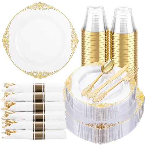 Hioasis 175pcs Clear and Gold Plastic Plates - Elegant Disposable Dinnerware Set Suitable for 25 Guests Include 10.25" Dinner & 7.5" Dessert Plates, Pre-Rolled Silverware Set, Cups for Party & Wedding