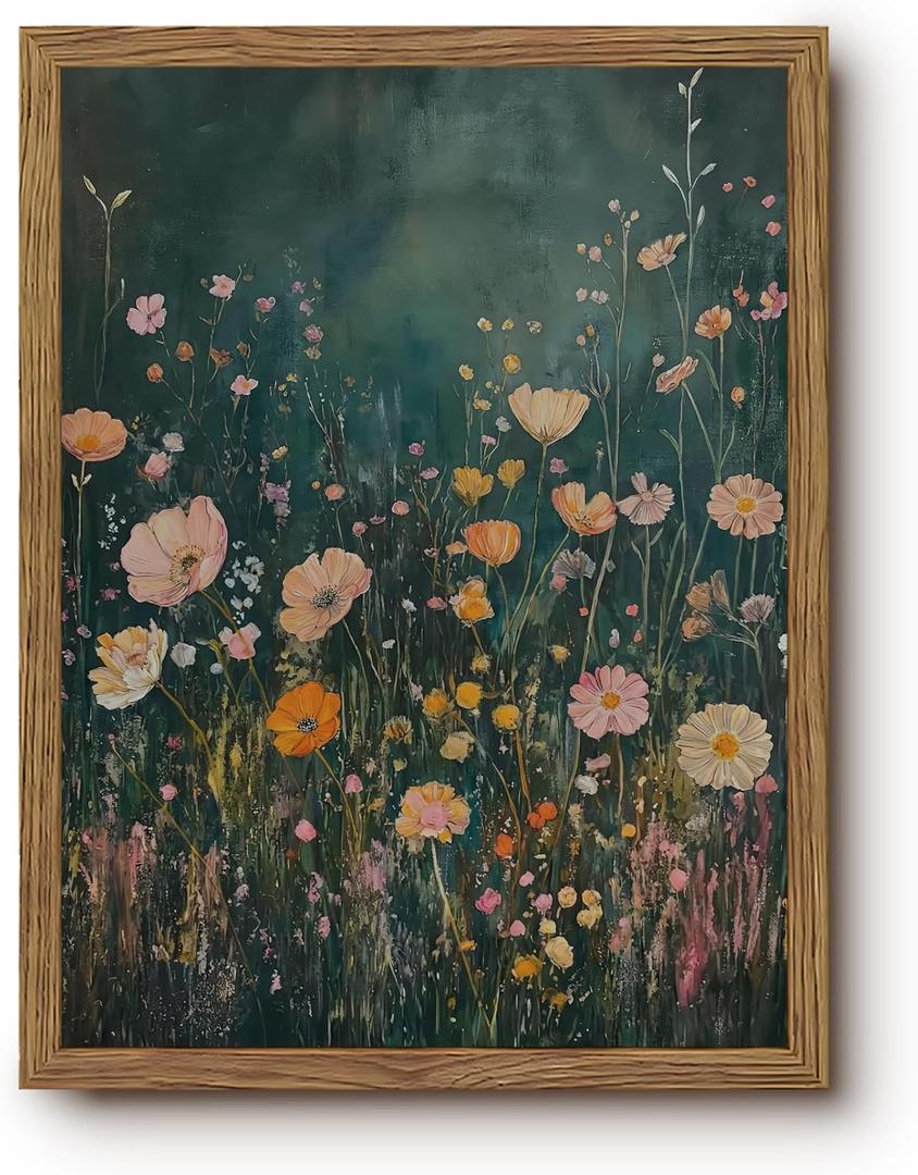 Vintage Dark Floral Framed Wall Art Moody Wildflower Pictures 12x16 In