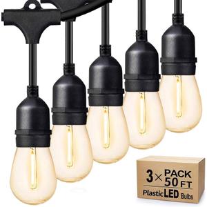 Svater Outdoor String Lights 150FT, E26 Socket, 48pcs S14 Shatterpoof Bulbs, 1 Watt Dimmable 2700K Warm White, IP65 Waterproof Commercial Grade Patio Lights3 Pack X 50FT