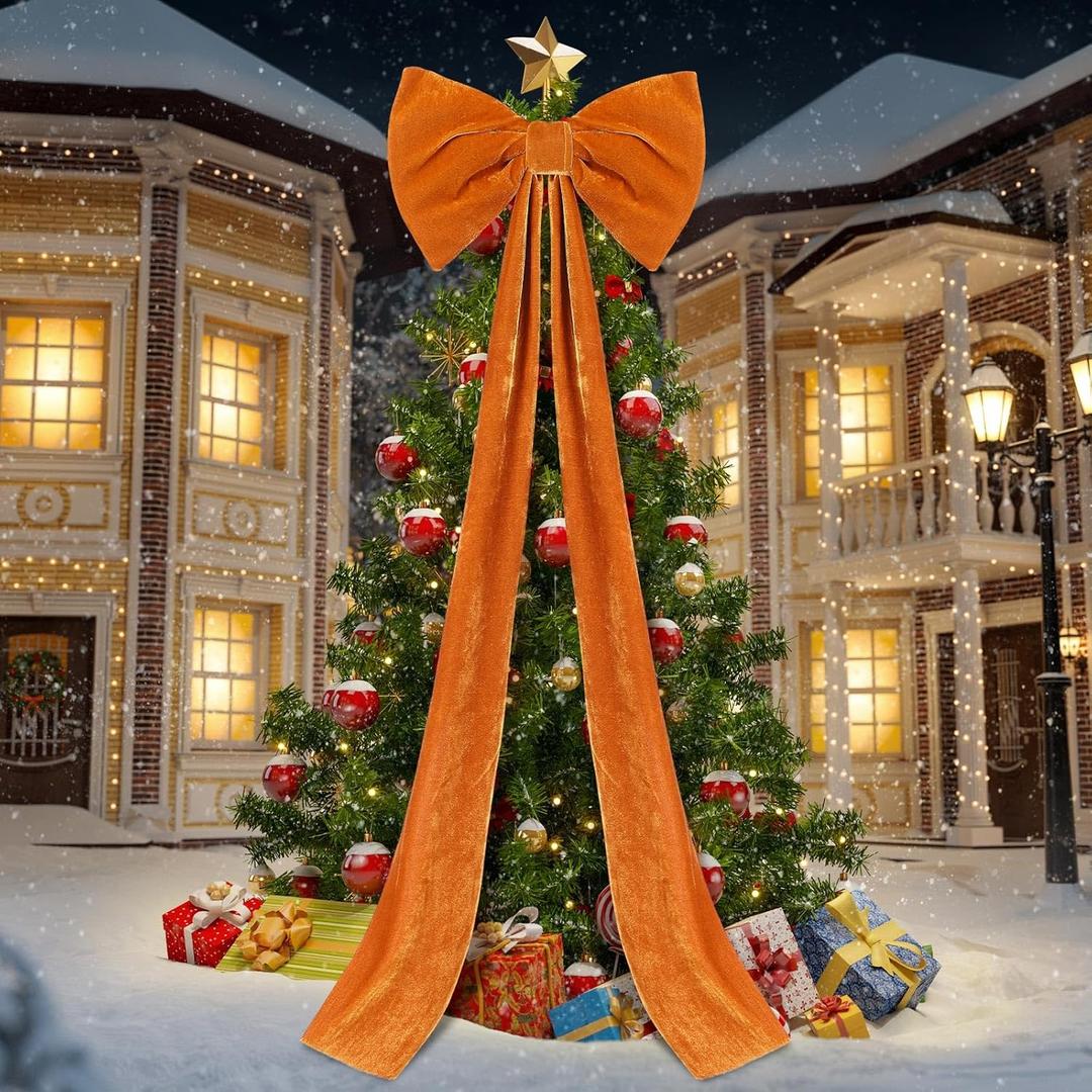 16 x 57 Inch Giant Christmas Velvet Bow Tree Topper 4.7 ft Extra Large Xmas Tree Toppers Bows Decorations for Christmas Home Wreath Wall Holiday Birthday Wedding Engagement Party Decor (Brown)