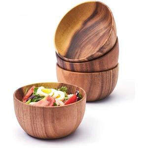 Acacia Wood Small Calabash Bowls - Handmade Carved Set of 4 for Children's Snacks and Serving (4" Dia x 2.4" H)