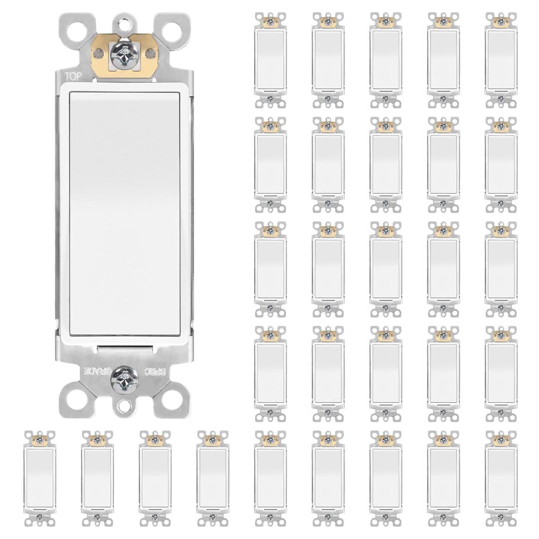 ThunderWay Matte White 3 Way Decorative Light Switch, 15Amp, 120V/277V, AC Decorator Rocker Paddle Wall Switch Replacement, Self-Grounding, Residential and Commercial Grade, UL Listed, 30 Pack