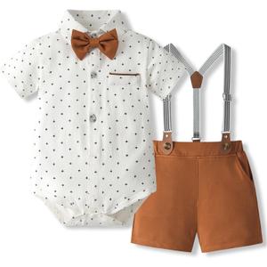 Volunboy Baby Boy Formal Short Set Toddler Summer Gentleman Outfit Kid Short Sleeve Bowtie Shirt Suspender Shorts Suit (12-18 Months, Caramel)
