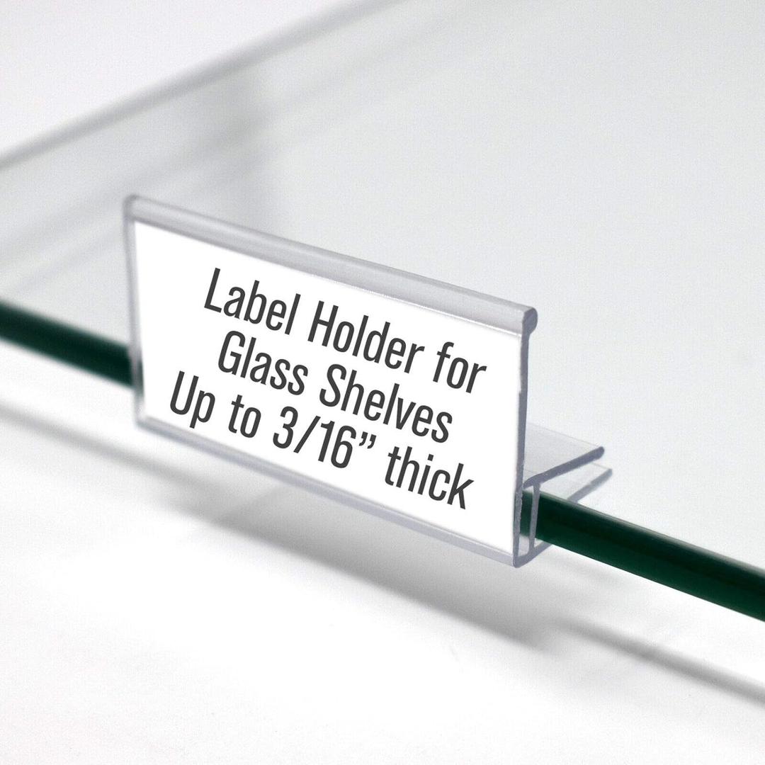 Glass Shelf Sign Holder, Clear Label Clip for Glass Shelving 3/16" Thick 2" L x .9" H, 50 Pack