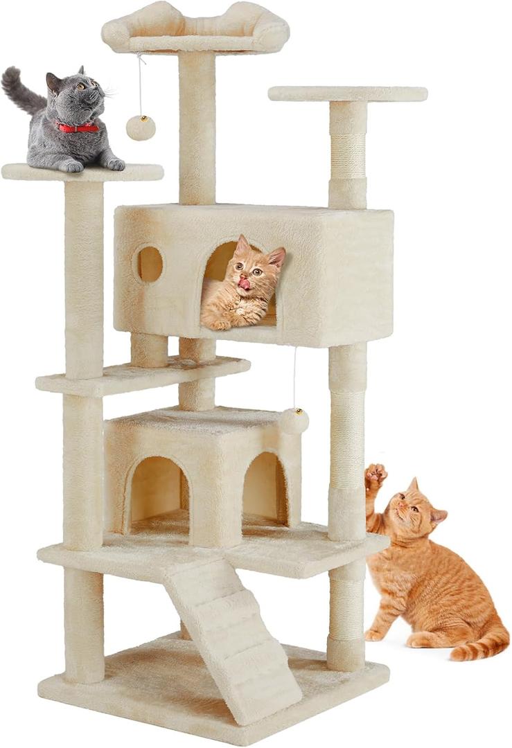 DUMOS 54-inch Indoor Cat Tree Tower Multi-Level Pet House for Large Cats with 2 Condos, Scratching Posts, Round Platform, Small Ladder, and Toys, Beige