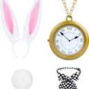 4 PCS White Rabbit Costume Accessories,Bunny Ears Headband and Tail Bow Tie Clock Necklace for Adult Kids Easter Halloween Dress Up