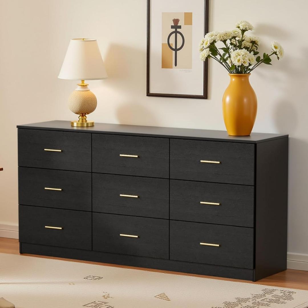 9 Drawer Dresser, 62.9" Large Deep Chest of Drawers,Wooden Dresser Storage Cabinet with 9 Drawers for Bedroom, Long Black Dressers for Living Room, Hallway,Nursery