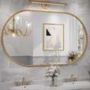 Gold Oval Mirror for Wall, 48x30 Inch Large Oval Bathroom Mirror, Antigue Gold Vanity Mirrors, Metal Floral Frame Mirror for Bedroom Living Room, Hangs Horizontally or Vertically