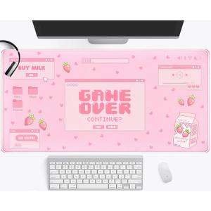 Pink Kawaii Anime Gaming Mouse Pad XXL, Strawberry Milk Mousepad Large, Aesthetic Laptop Keyboard Mats, Full Desk Mouse Mat for Women Girl 31.5X15.7 in (Pastel Game Over)