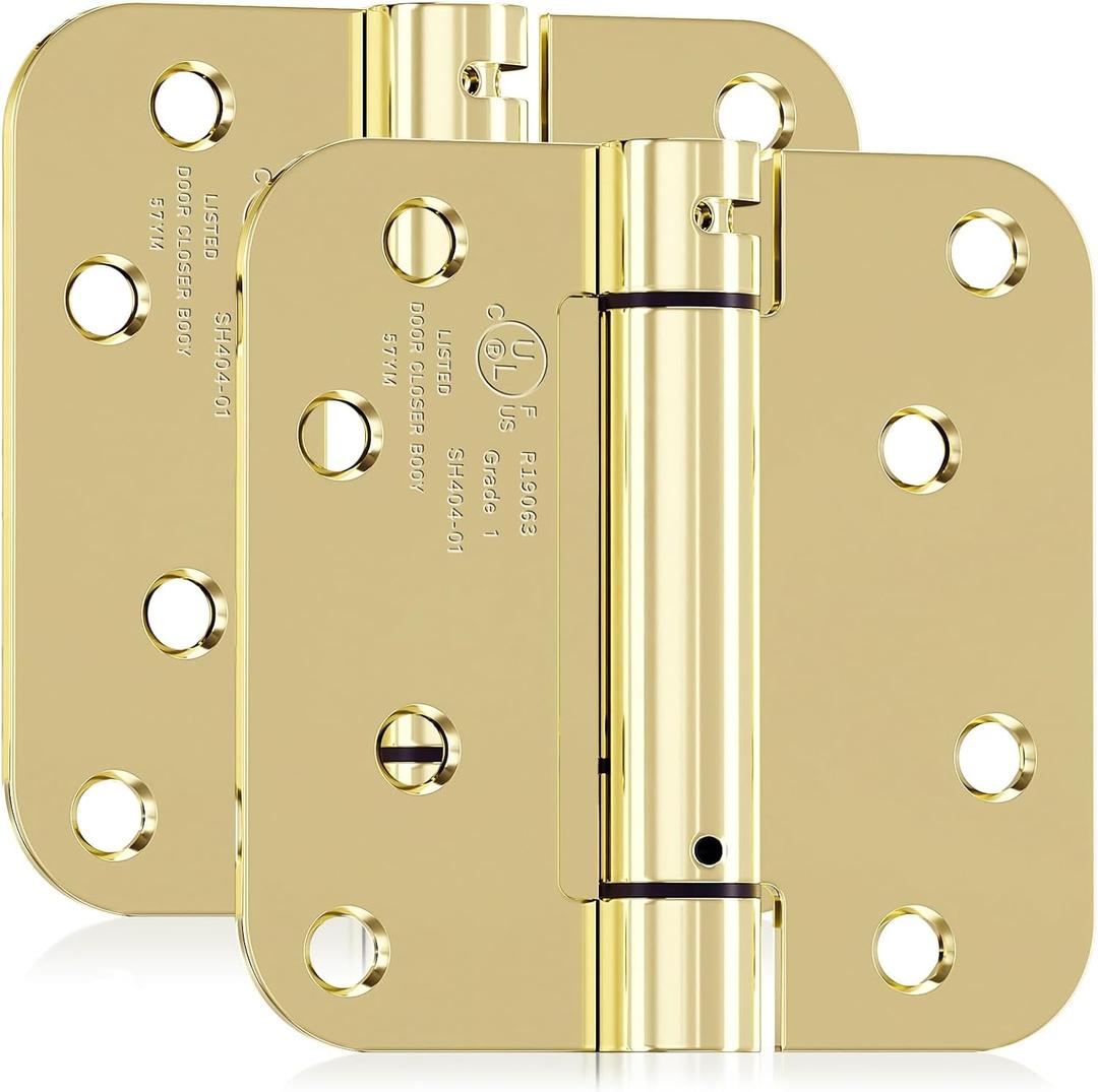 JOYNY 2 Pack Self Closing Door Hinges, 4 Inch Spring Loaded Door Hinges for Garage, Front, Back Door, Left/Right Hand, Adjustable Tension, 5/8'' Radius Corners, UL Listed, Gloden