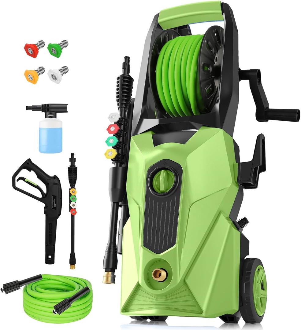 Electric Pressure Washer 5000 PSI,2.8 GPM Power Washer with Foam Cannon,Portable Cleaner with 33ft Hose Reel,4 Nozzle Tips,and Soap Bottle for Cars/Home/Driveways/Patios/Decks/Fences(Green)