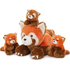 MorisMos Red Panda Stuffed Animal, Stuffed Mommy Red Panda Plush Toy with 3 Baby Pandas, Realistic Plushie Toy Gift for Kids Girls Boys 17.7 Inches