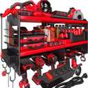Power Tool Organizer Wall Mount with 4-Outlet Power Strip & Shelf - Heavy Duty Metal Storage Rack for Garage, Yard Maintenance, Holds 6 Drills, Batteries, Magnetic Hooks - Ideal Gift for Men (Red)