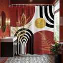 Black and Red Shower Curtain Boho Mid Century Burgundy Dark Red and Gold and White Shower Curtains for Bathroom Decor, Waterproof Cloth Fabric with Hooks, 70" W x 72" L