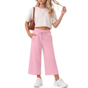 Halfchet Girls Capri Pants Wide Leg Sweatpants Baggy Cropped Pants Loose Fit Casual Basic Capris with Pockets for Ages 5-14(11-12 Years,Pink)
