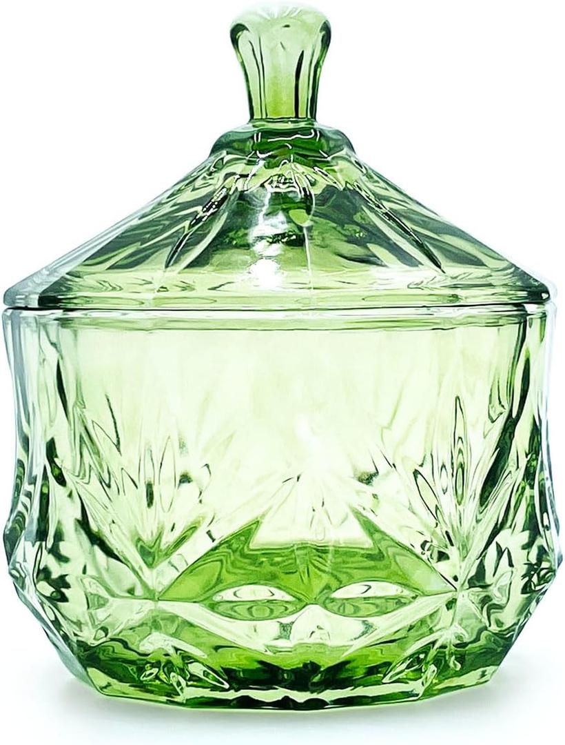 8oz Glass Candy Dish with Lid,Small Crystal Chrismas Candy Jar,Cotton Round Holder,Office,Bathroom,Dining Room Organizer(Olive Green)