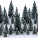 Crowye 80 Pcs Christmas Village Trees Bottle Brush Christmas Trees with White Plastic Base for Xmas Crafts Table Decor, 6 Sizes(Dark Green)