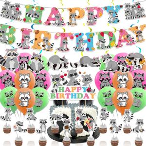 Raccoon Party Decorations Birthday Party Supplies Includes Banner Spirals Cake Topper Cupcake Toppers Balloons For Woodland Raccoon Party Baby Shower Decorations