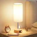 Touch Bedside Table Lamp with Memory - Stepless Dimmable Lamp for Bedroom, Small Nightstand Lamp with Dual USB Charging Ports and AC Outlet, Wood Night Light, Deak Lamp for Nursery, Living Room, Dorm